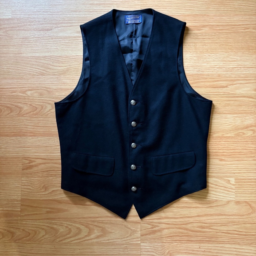 Vtg Pendleton Mens Black 100% Virgin Wool Crest Button Waistcoat Vest Medium